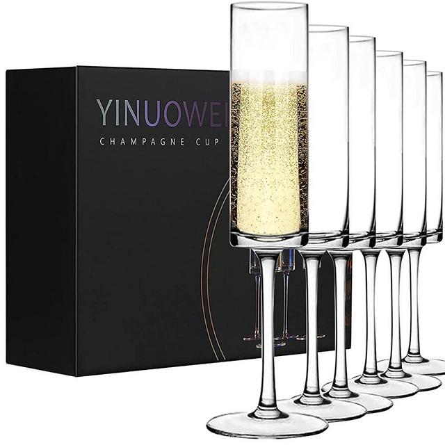 Champagne Flutes - Elegant Hand Blown Crystal Champagne Glasses, Lead-free Premium Crystal Gifts For Weddings, Anniversaries, Christmas - Set of 6, Clear