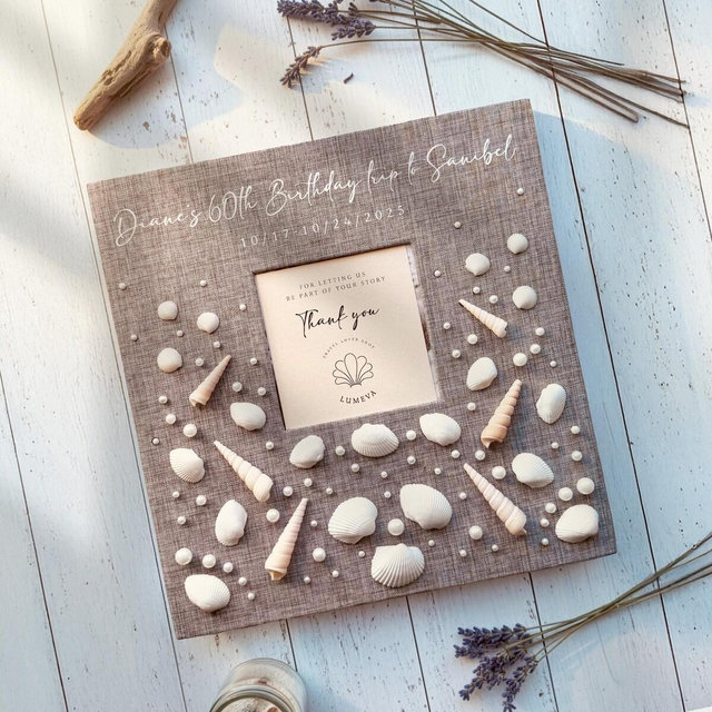Custom seashell photo album coastal honeymoon album ocean inspired wedding keepsake journal beach travel memory book with custom text