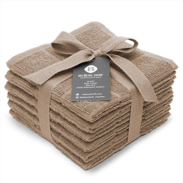 Mellow Buff 100% Cotton Dish Cloths for Dish Washing, Terry Dish Cloth, Cotton Dish Rags, 6 Pack, Super Soft and Absorbent, 12"x12" inches, Reusable Cleaning Cloth, TAN Dish Cloth