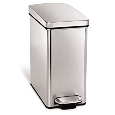 simplehuman 10 Liter / 2.6 Gallon Stainless Steel Bathroom Slim Profile Trash Can, Brushed Stainless Steel