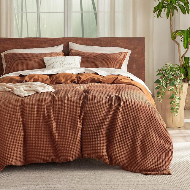 Bedsure Cooling Waffle Duvet Cover Queen - Cotton Blend Rayon Derived from Bamboo Duvet Cover Set for Hot Sleepers, Breathable Bedding Set With a Vintage Charm, 3 Pieces (Burnt Orange, Queen, 90"x90")