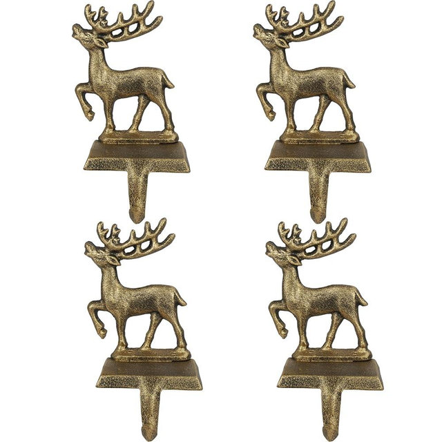 OCTERIC 4Pcs Stocking Holders, Reindeer Pattern Metal Mantel Hooks, Anti-Slip Heavy Duty Solid Cast Iron Mantle Hangers Xmas Décor for Fireplace Holiday Indoor Decoration