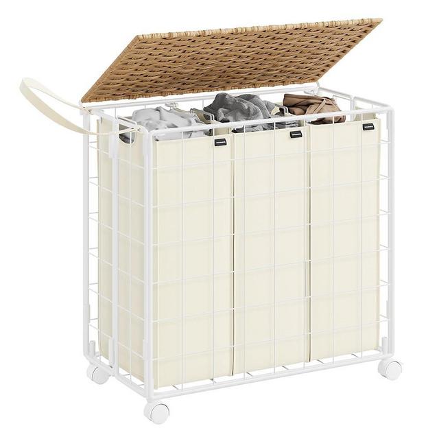 SONGMICS Laundry Hamper, 130L Laundry Basket with Wheels, Clothes Hamper 3 Section with Ratten Lid, Collapsible Removable Liner Bag, Iron-Made Laundry Sorter, Natural Beige and Cream White ULCB313N01