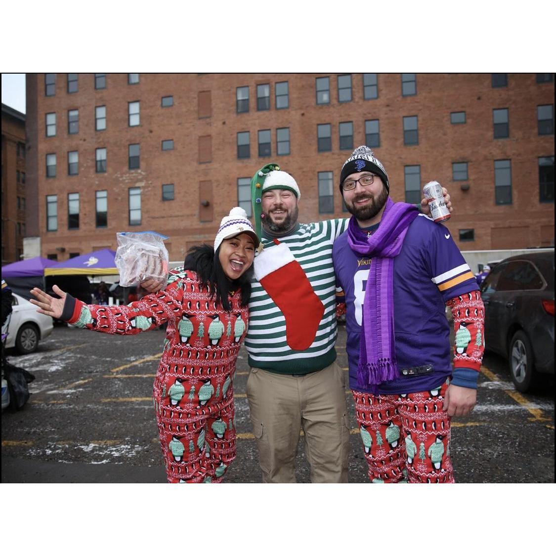 During the Vikings season you can find us tailgating the home games. And sometimes in December we wear christmas onesies and vikings gear.