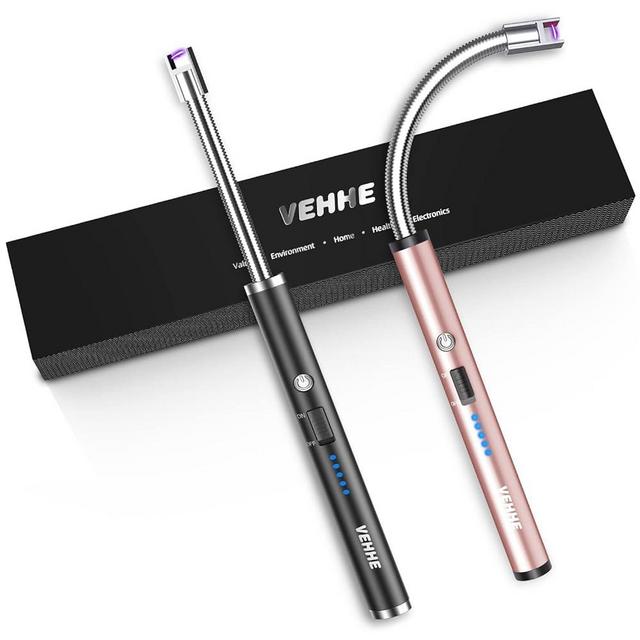 VEHHE Candle Lighter, 2 Pack Rechargeable Electric Lighter with LED Battery Display Safety Switch, Flexible Neck USB Lighter for Candles Camping Grill Gas Stoves Cooking (Black & Pink)