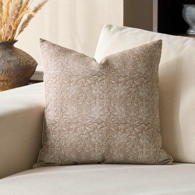 DOMVITUS Floral Pillow Covers 18x18 Throw Pillow Covers Block Print Vintage Decorative Neutral Pillow Cover for Couch Bed Living Room Light Camel 1PC