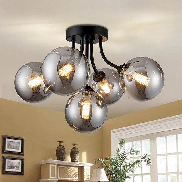 DHK wot Chandeliers for Dining Room,Sputnik Ceiling Light Fixture Black Globe Sputnik Chandelier with Smoke Glass 5-Light Modern Chandelier for Kitchen Island Bedroom Hallway Foyer 15" G9 Socket