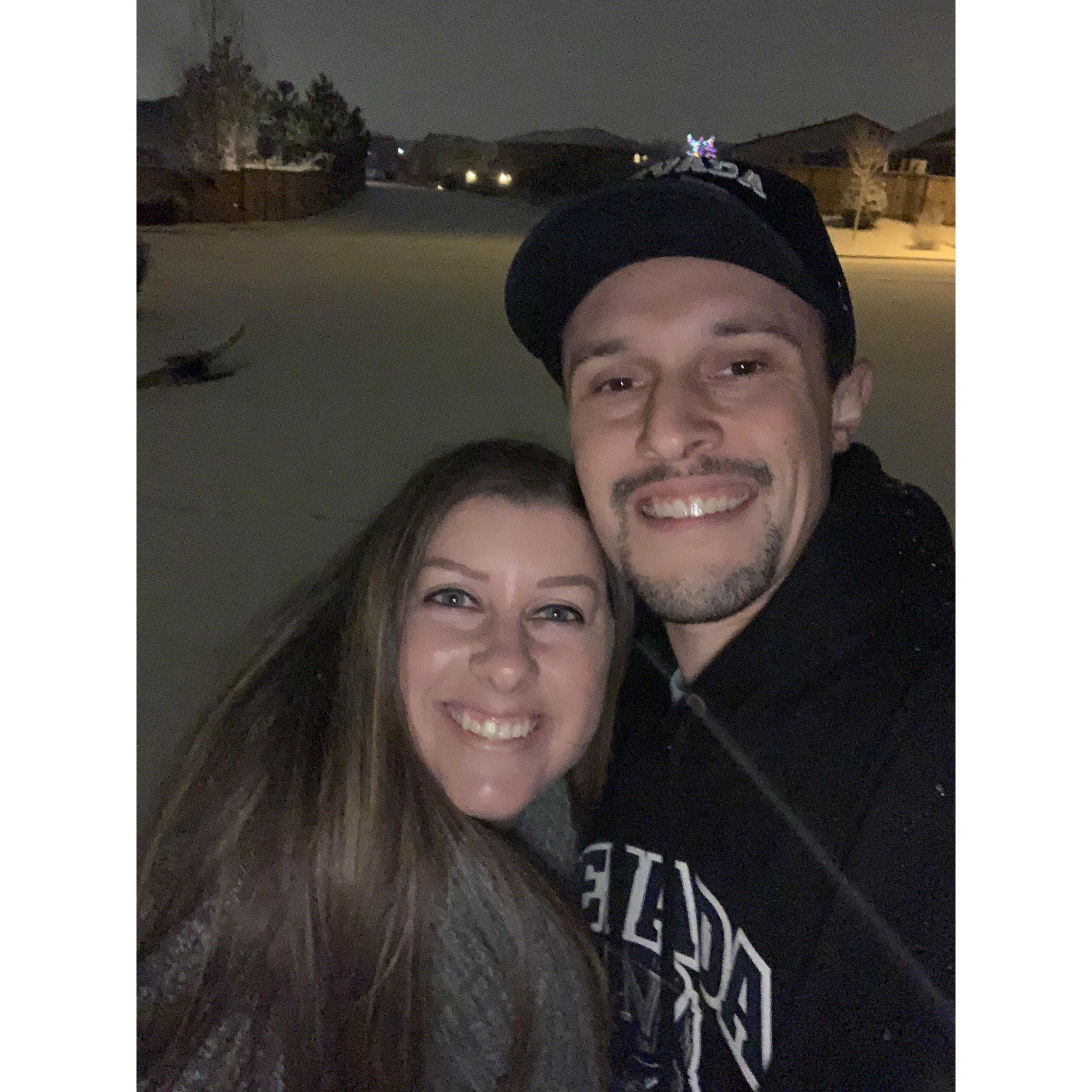 December 2021; Christmas in Reno. I forced Zach to come outside with me so I could play in the snow. This California girl was VERY excited.