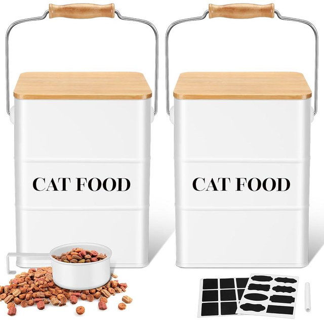 Tioncy 2 Pcs Metal Cat Food Containers with Bamboo Lids and Spoon Airtight 5-7 Lbs Cat Treat Snack Jars with DIY Labels Big Pet Cookie Storage Bin for Kitchen Counter(White)