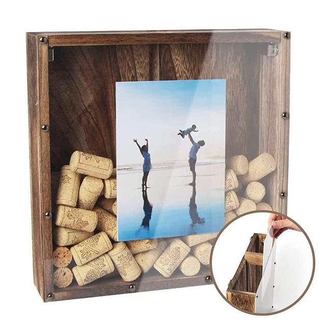 J JACKCUBE DESIGN Rustic Wood Wine Cork Shadow Box 11.5" x 11.5" Holder Frame, Top Loading Slot for Home & Bar Décor, Free Standing or Wall Mounted Collection Box -MK800A