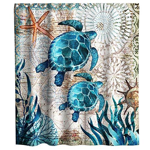 Final Friday Nautical Green Sea Turtles Beach Theme Fabric Shower Curtain Sets Bathroom Blue Ocean Decor with Hooks Waterproof Washable 70 x 70 inches Teal