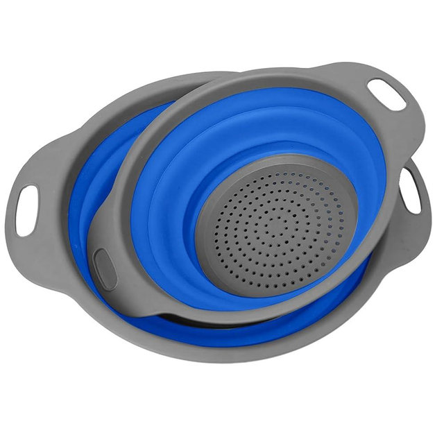Collapsible Colander, Set of 2 PCS Collapsible Strainer, Space-Saving Kitchen Strainer, Food-Grade Silicone Folding Strainer Colander with Handle (Blue)