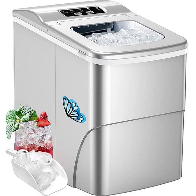 Silonn Ice Maker Machine for Countertop, 9 Bullet Cubes Ready in 6 Minutes, 26lbs 24Hrs Portable Self-Cleaning, 2 Sizes of Bullet-Shaped Home Kitchen Office Bar Party, Silver (WSIM02)