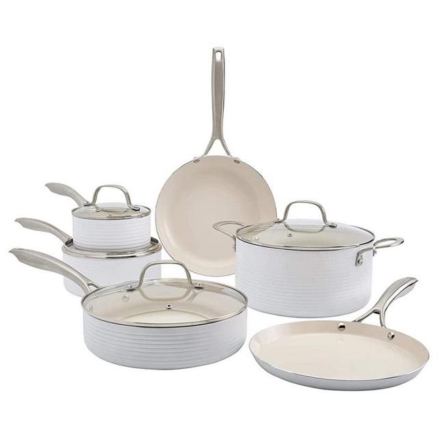 Denmark Tools for Cooks Monaco Cookware Collection Non-Stick Durable Aluminum Oven Safe, 10 Piece Monaco Cookware Set in Snow White