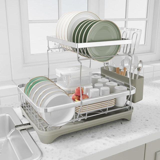 HOMEBOSILY Dish Drying Rack, 2 -Tier 304 Stainless Steel Adjustable Spout Auto-Draining Dish Rack, Space Saving Dish Drainer with Drainboard and Utensil Holder for Kitchen Counter Grey