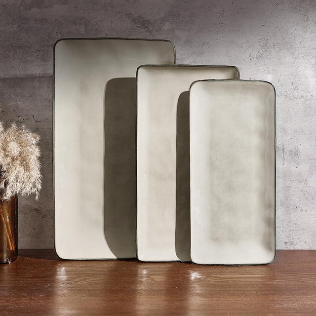 famiware Serving Platter, Rectangular 15.67/14.1/12.6inch Serving Dishes for Entertaining, Dishwasher Safe, Stoneware Serving Trays for Party, Food, Turkey, Snack, Cheese, Reactive Glaze, Light Khaki