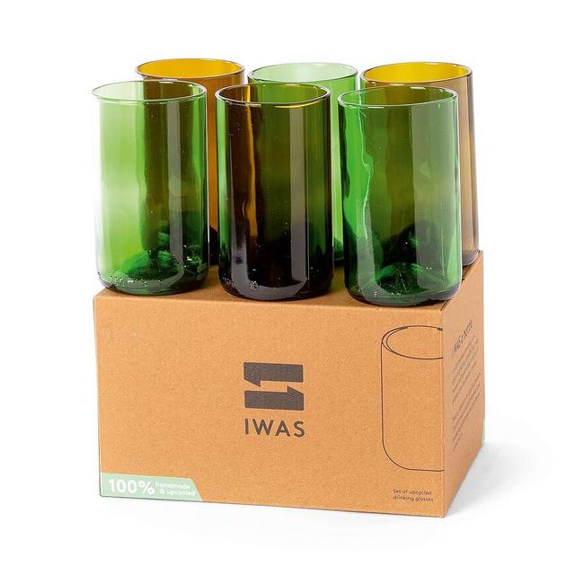IWAS Upcycled Tall Drinking Glasses | 400 ML | 13.53 OZ | Set of 6 | Sustainable Water and Cocktail Glasses For Home | Environmentally Friendly Olive Green Glasses