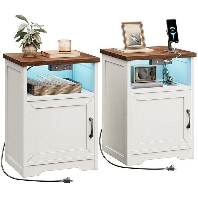 AODK Farmhouse Nightstand Set of 2, Side Table with Charging Station & LED Lights, End Tables with Storage and Open Shelf, Rustic Beside Tables for Bedroom, Rustic White & Walnut