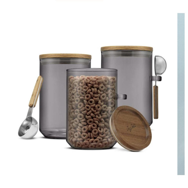 Holden Stackable Glass Storage Canister Set with Wood Lids and Scoops - Smoke