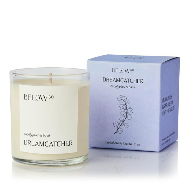 Below 60 Scented Candle – Dreamcatcher – Essential Oil-Based Fragrance – Hand-Made with Paraffin-Free Soy Wax – 100% Cotton Wick – 50 hr Burn Time - Founded by Hilary Duff – Eucalyptus & Basil (10oz)