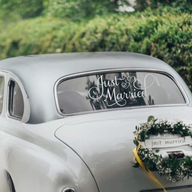 Metallic Silver Just Married Car Window Sticker, Silver Wedding Decorations, Just Married Decal For Car, 24"W x 12"H Metallic Silver