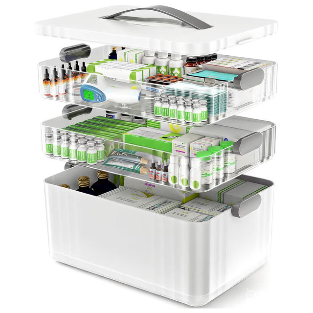 3-Tier Medicine Organizer - Portable Medicine Cabinet with Plastic Handle, Multipurpose Medical Box, Pill Organizer, Empty First Aid Kit for Home