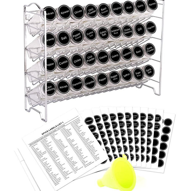 SWOMMOLY Spice Rack with 36 Empty Square Spice Jars, 396 Spice Labels with Chalk Marker and Funnel Complete Set, for Countertop, Cabinet or Wall Mount ,Chrome