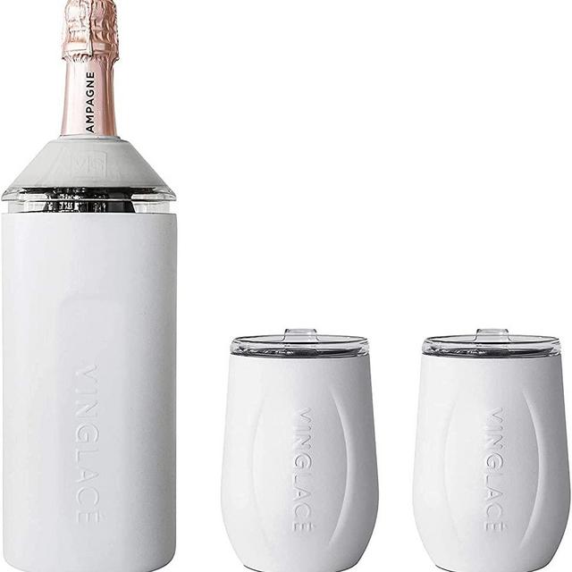 Vinglacé Gift Set - Bottle Insulator Chiller with 2 Stemless Wine Glasses - Great Gift Ideas for Wine and Champagne Lovers (White)