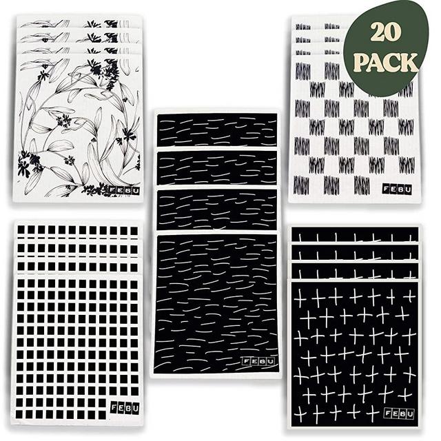 FEBU - Swedish Dishcloths for Kitchen | 20 Pack Minimalist Zero Waste Gift | Cellulose Sponge Cloths | Non Scratch Reusable Paper Towels | No Odor, Biodegradable and Reusable Kitchen Dish Rags…
