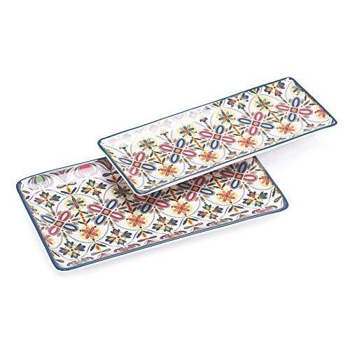 Bico Red Blue Leaf Ceramic 14 inch Rectangular Serving Platter, Set of 2, for Serving Salad, Pasta, Cheese, Ham, Appetizer, Microwave & Dishwasher Safe