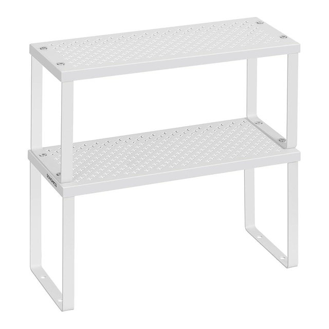 SONGMICS Spice Racks, Set of 2 Metal Cabinet Shelf Organizers, Countertop Organizers, Shelf Risers, Stackable, Expandable, White UKCS003W01