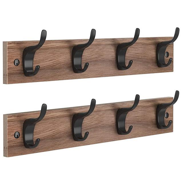 Amada Coat Hooks for Wall 2 Packs, Entryway Coat Rack with 4 Double Hooks, Coat Hat Hanger for Organized and Storage in Living Room,Bedroom, Cloakroom Wooden AMCR03