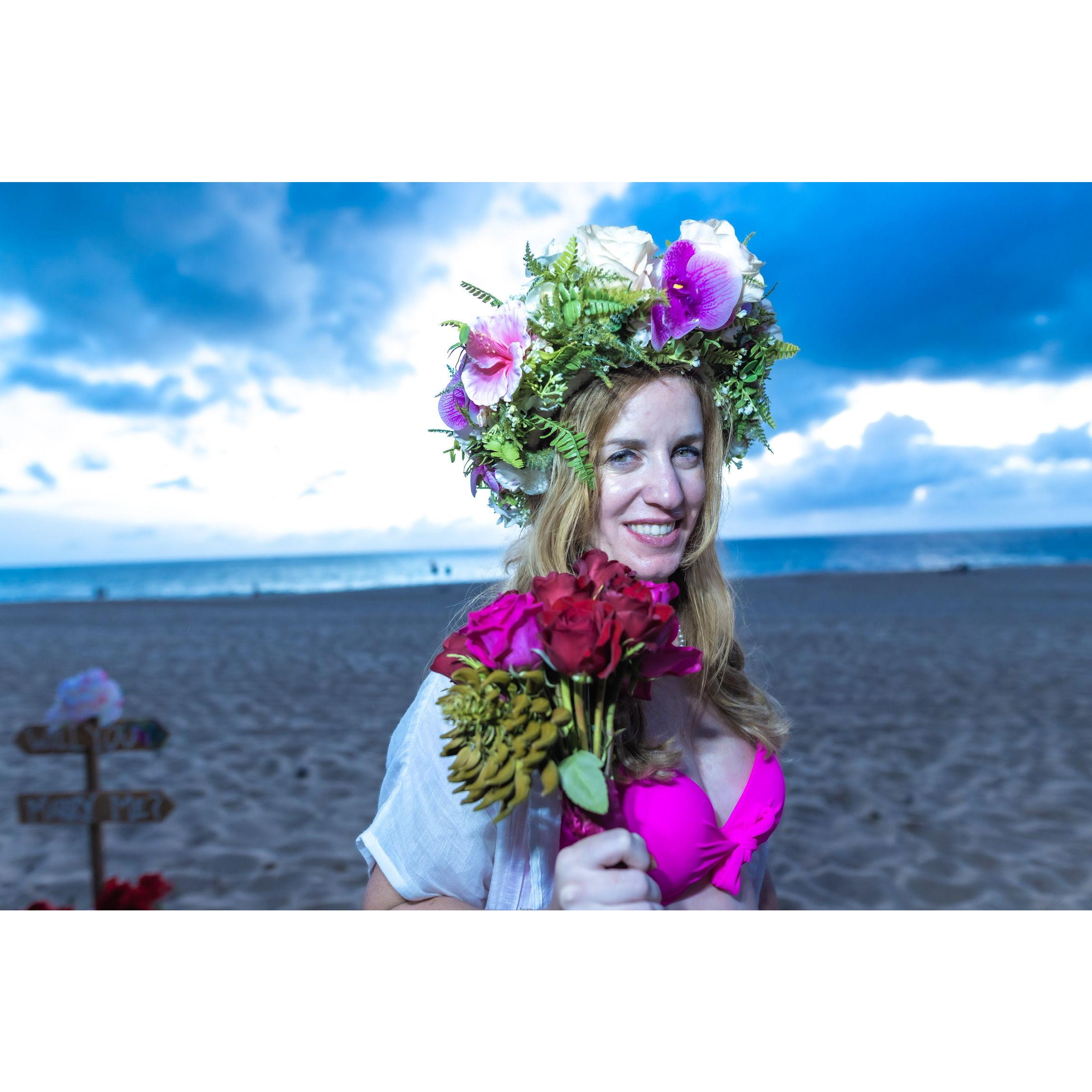 Wedding proposal Oahu, HI with traditional Hawaiian floral headband.