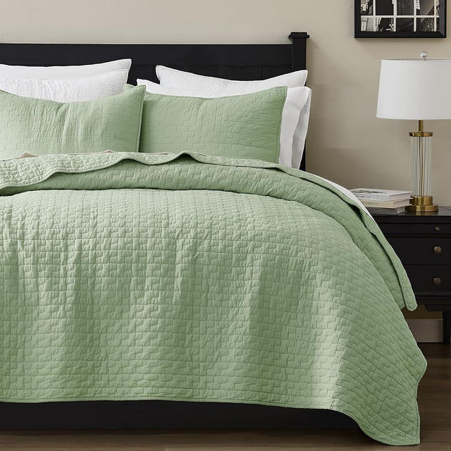 palassio Sage Green 100% Cotton Quilt King Size Bedding Sets with 2 Pillow Shams, Textured Lightweight Soft Bedspread Shabby Chic Coverlet, Quilted Comforter Bed Cover for All Season, 3 Pieces