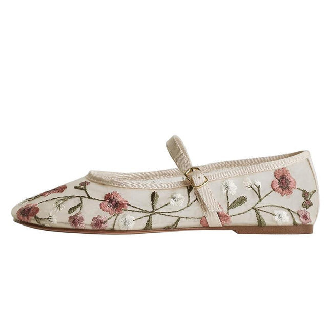 MRKEWUNEY Mesh Ballet Flats for Women Embroidered Floral Round Toe Mary Jane