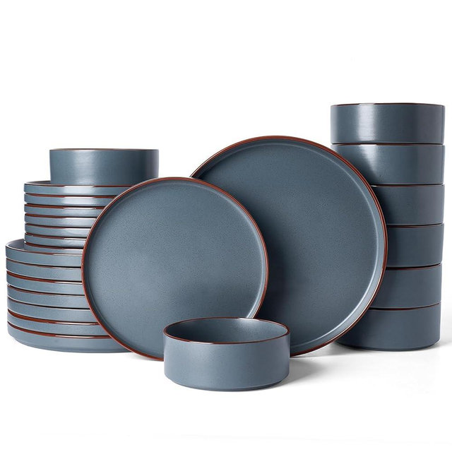 Famiware Nebula Ridge Stoneware Dinnerware Sets for 8, 24 Pieces Plates and Bowls Sets, Dishes Set, Microwave and Dishwasher Safe Kitchen Plates, Charcoal