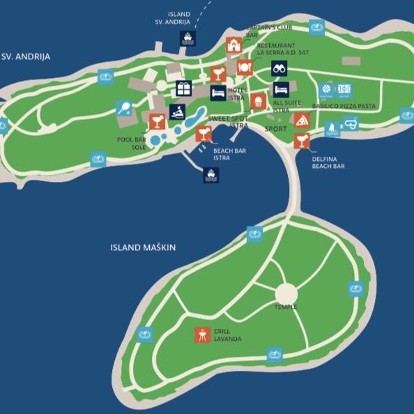 A map of St. Andrew’s and Maškin islands, connected with a path.