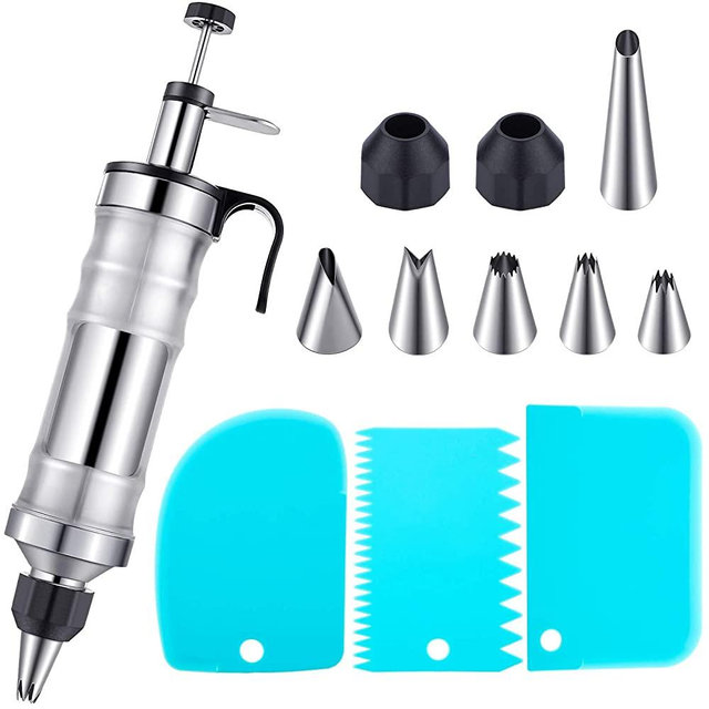Dessert Decorating Syringe Set, Cupcake Filling Injector with 7 Icing Nozzles and 3 Cream Scrapers Dessert Cream Piping Syringe Nozzles Kits for Christmas Cake (Black, Blue,Main Stainless Steel)