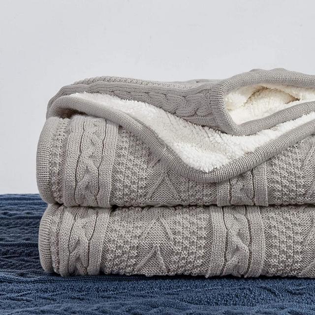 Longhui bedding Acrylic Cable Knit Sherpa Throw Blanket - Thick, Soft, Big, Cozy Light Grey Knitted Fleece Blankets for Couch, Sofa, Bed - Large 60 x 80 Inches Gray Coverlet All Season