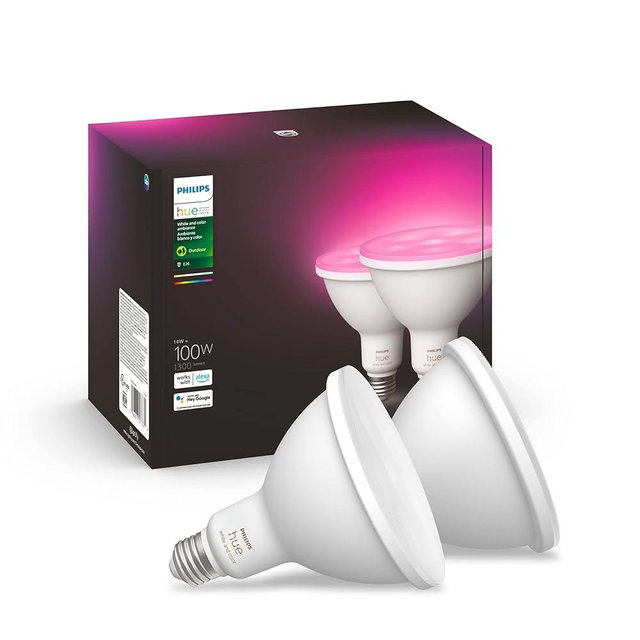 Philips Hue Smart 100W PAR38 LED Bulb - White and Color Ambiance Color-Changing Light - 2 Pack - 1300LM - E26 - Outdoor - Control with Hue App - Works with Alexa, Google Assistant and Apple Homekit