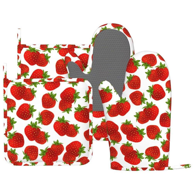 MIFSOIAVV Cute Strawberry Oven Mitts and Pot Holders Sets Silicone Strawberries Kitchen Mitts Strawberry Potholders Heat Resistant 4Pcs Oven Gloves Hot Pads for Kitchen Baking Cooking BBQ Grilling