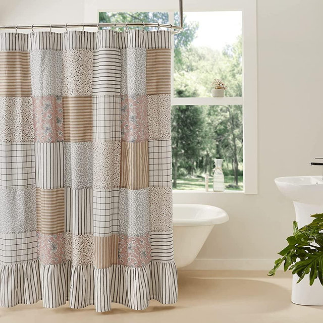 VHC Brands Kaila Country Cottage Farmhouse Floral Stripe Patchwork Shower Curtain 72x72
