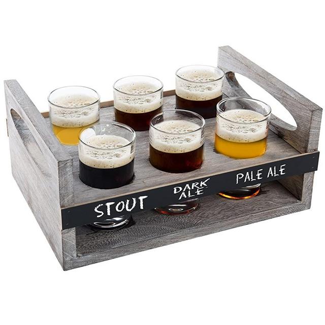 MyGift Rustic Gray Wood Craft Beer Flight Board Set with 6 oz Beer Tasting Glasses, Serving Tray with Erasable Chalkboard Panel
