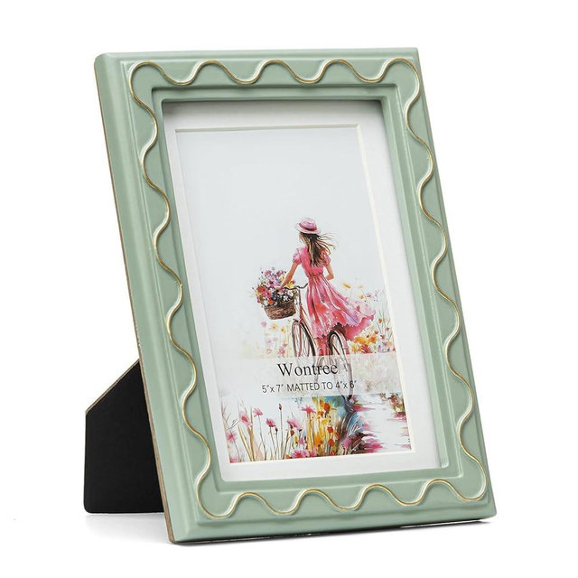 Wontree 5x7 Picture Frame, Shinning Gold Swirls Against Sage-like Green, Resin Frame with Real Glass, Display 5x7 Photos Matted to 4x6, Vertical and Horizontal Desk Tabletop or Wall Hanging