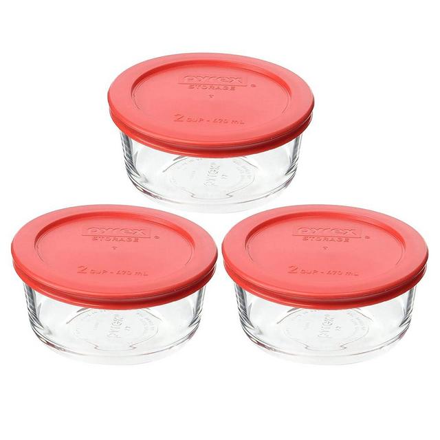 Pyrex (3 7200 2 Cup Glass Bowls & (3) 7200-PC Red Food Storage Replacement Lids - Made in USA