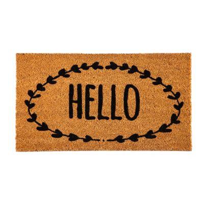 Evergreen "Hello" Wreath 16-Inch x 28-Inch Coir Door Mat in Black