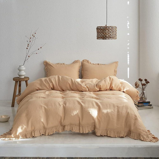 Simple&Opulence 100% Linen Duvet Cover Set, 3 PCS Natural French Flax Sand Ruffle Duvet Cover King Size, Breathable Comfy Linen Bedding Comforter Cover with 2 Pillowcases (Sand, 104" X 92")