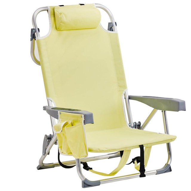 NAICKUC 5-Position Classic Lay Flat Folding Backpack Beach Chairs Low, Extra Storage Space, Pouches on The Back and Side Cup Holder, Aluminum, Including a Lay Flat Position, Yellow