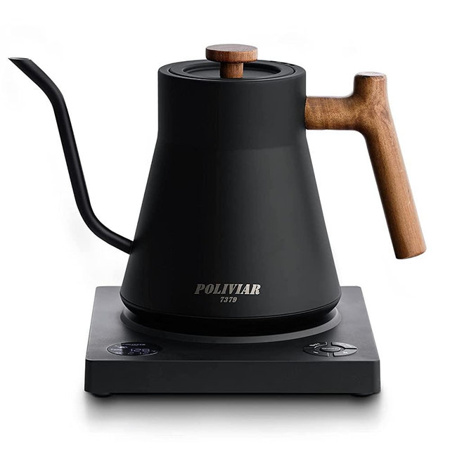 POLIVIAR Electric Gooseneck Kettle, 1200W Electric Tea Kettle w/teak wood handle, 34oz Pour Over Electric Kettle for Coffee & Tea, 18/8 Stainless Steel Inner, Temperature Control & Rapid Heating