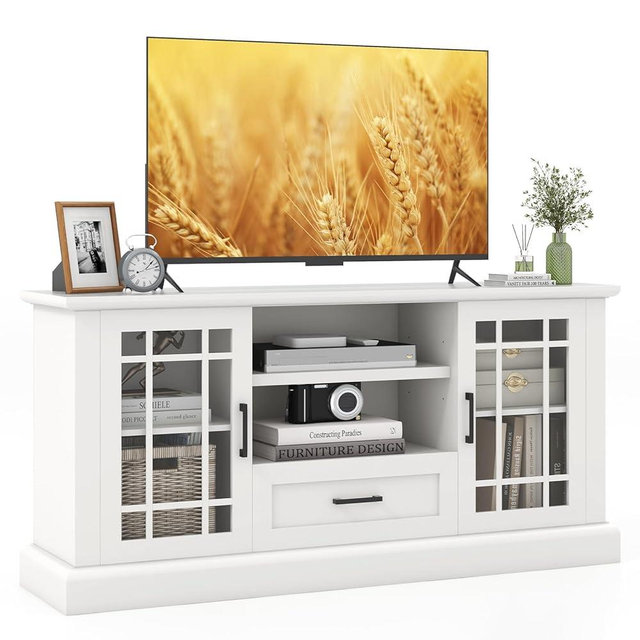 Tangkula Farmhouse TV Stand for TV up to 70 Inch, Tall Media Console Table with 2 Glass Doors, Entertainment Center with Cubbies & Drawer, Storage Cabinet or Sideboard Buffet for Living Room (White)